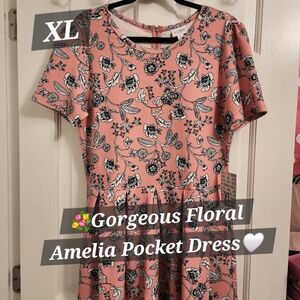 Lularoe Amelia Dress Floral New XL Large Vintage Pink Navy Unicorn Pockets Nwt